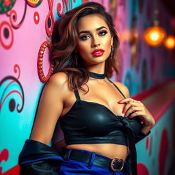 A captivating and alluring young woman, exuding confidence and charm, dressed in a stylish outfit that highlights her features