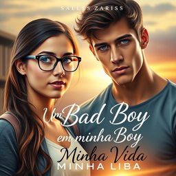 A romantic book cover featuring a beautiful 18-year-old female student with glasses, looking shy and demure, standing next to a tall, muscular, and handsome young man with striking blue eyes