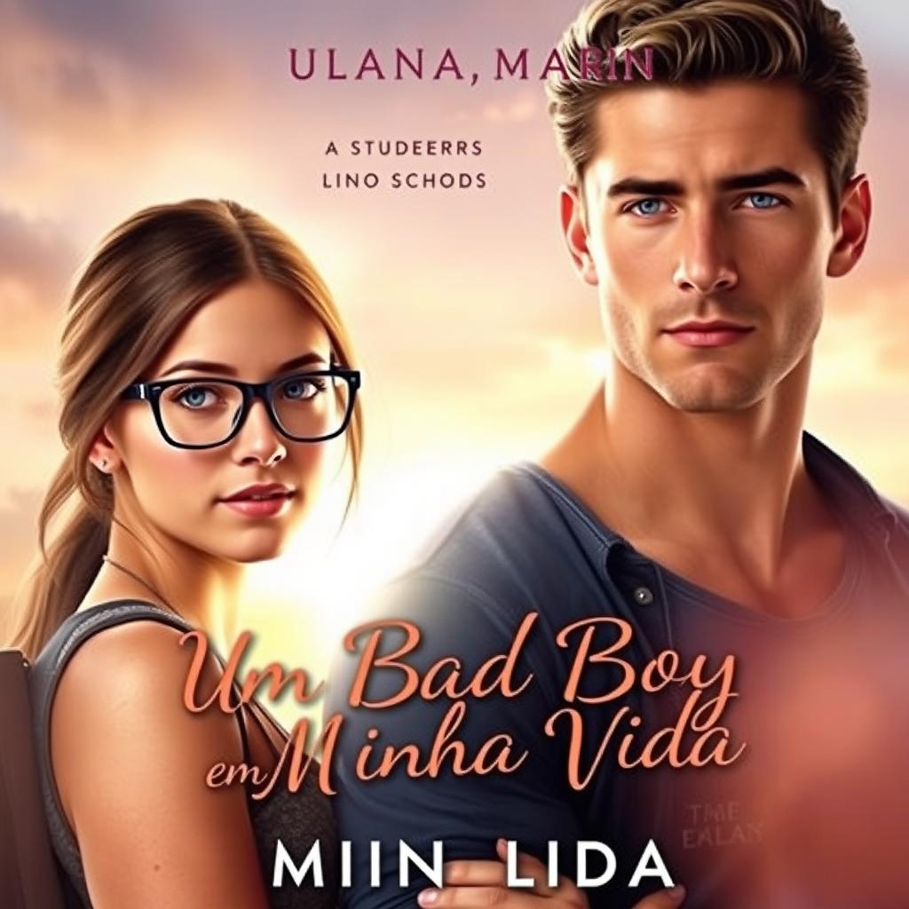 A romantic book cover featuring a beautiful 18-year-old female student with glasses, looking shy and demure, standing next to a tall, muscular, and handsome young man with striking blue eyes