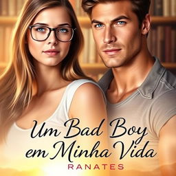 A romantic book cover featuring a beautiful 18-year-old female student with glasses, looking shy and demure, standing next to a tall, muscular, and handsome young man with striking blue eyes