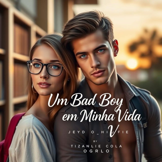 A romantic book cover featuring a beautiful 18-year-old female student with glasses, looking shy and demure, standing next to a tall, muscular, and handsome young man with striking blue eyes