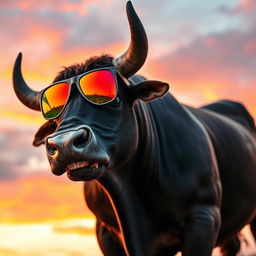 An angry bull wearing stylish sunglasses, showcasing its powerful physique and fierce expression