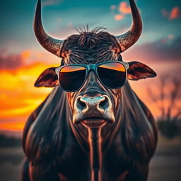 An angry bull wearing stylish sunglasses, showcasing its powerful physique and fierce expression