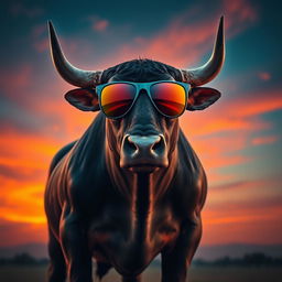 An angry bull wearing stylish sunglasses, showcasing its powerful physique and fierce expression