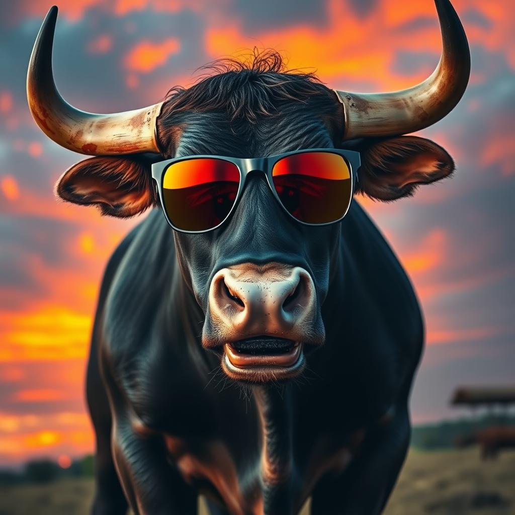 An angry bull wearing stylish sunglasses, showcasing its powerful physique and fierce expression