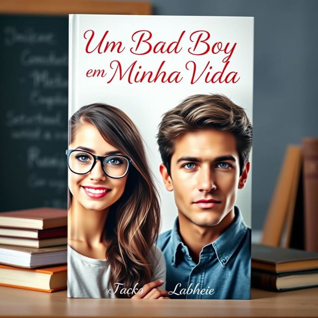 A romantic book cover featuring a beautiful 18-year-old shy female student wearing stylish glasses and an inviting smile, alongside a tall, muscular and very handsome young man with striking blue eyes