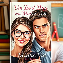 A romantic book cover featuring a beautiful 18-year-old shy female student wearing stylish glasses and an inviting smile, alongside a tall, muscular and very handsome young man with striking blue eyes