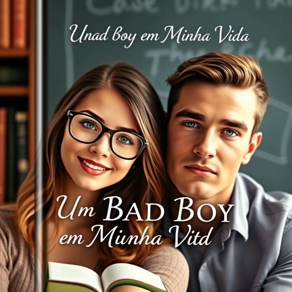 A romantic book cover featuring a beautiful 18-year-old shy female student wearing stylish glasses and an inviting smile, alongside a tall, muscular and very handsome young man with striking blue eyes