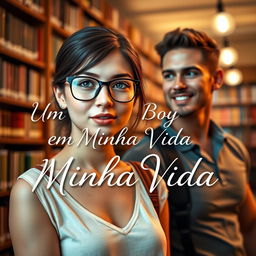 A captivating romance book cover featuring an 18-year-old beautiful young female student with glasses, exuding a shy demeanor