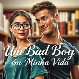A captivating romance book cover featuring an 18-year-old beautiful young female student with glasses, exuding a shy demeanor