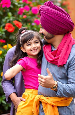 A cute and sassy young girl interacting with her husband, Gus, who is wearing a traditional turban