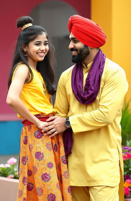 A cute and sassy young girl interacting with her husband, Gus, who is wearing a traditional turban