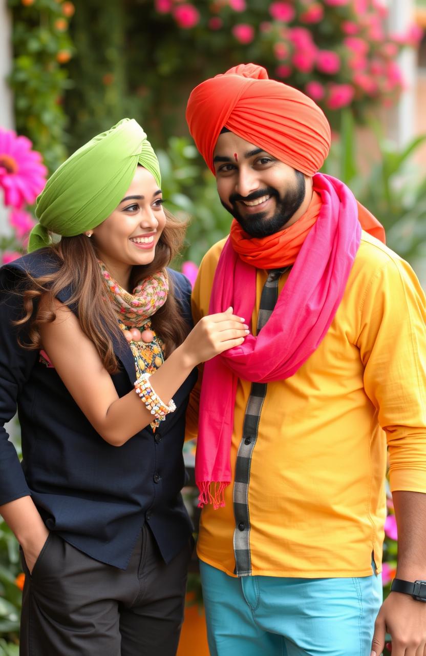 A cute and sassy young girl interacting with her husband, Gus, who is wearing a traditional turban