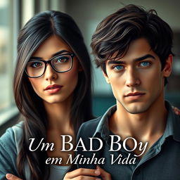 A captivating romance book cover featuring an 18-year-old beautiful female student wearing glasses, looking shy, with dark hair and an alluring expression