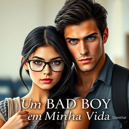 A captivating romance book cover featuring an 18-year-old beautiful female student wearing glasses, looking shy, with dark hair and an alluring expression