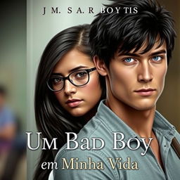 A captivating romance book cover featuring an 18-year-old beautiful female student wearing glasses, looking shy, with dark hair and an alluring expression
