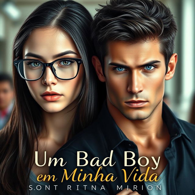 A captivating romance book cover featuring an 18-year-old beautiful female student wearing glasses, looking shy, with dark hair and an alluring expression