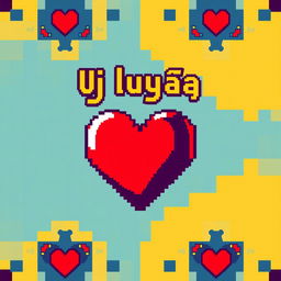 A vibrant pixel art image featuring a large red heart in the center, with the text 'Ты лучшая' (You are the best) written in a playful font above the heart