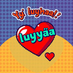A vibrant pixel art image featuring a large red heart in the center, with the text 'Ты лучшая' (You are the best) written in a playful font above the heart