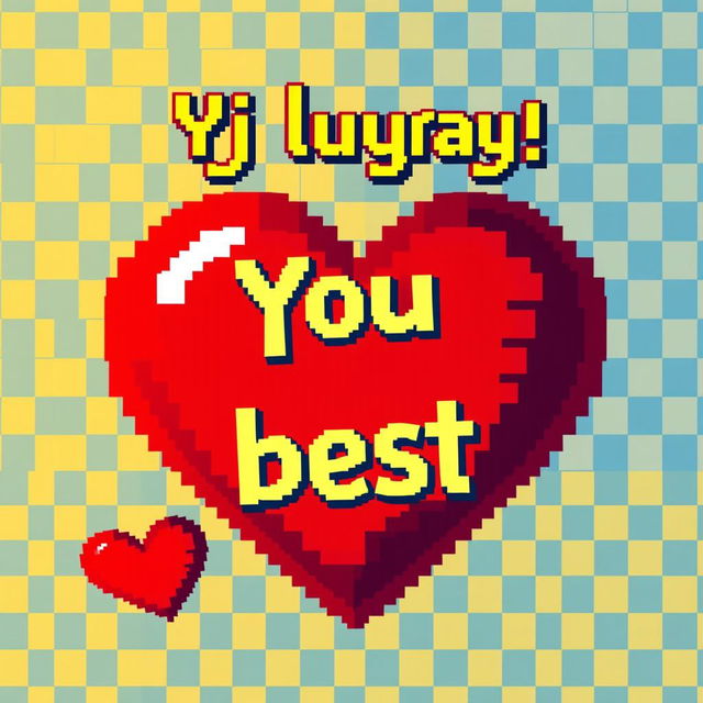 A vibrant pixel art image featuring a large red heart in the center, with the text 'Ты лучшая' (You are the best) written in a playful font above the heart