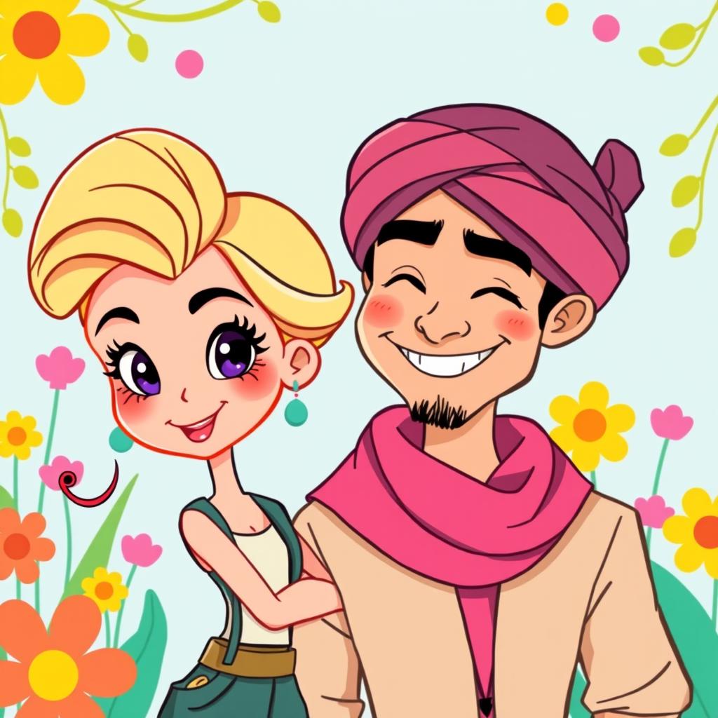 A cartoon-style illustration of a beautiful and sassy young girl paired with a handsome man named Gus, who is wearing a turban