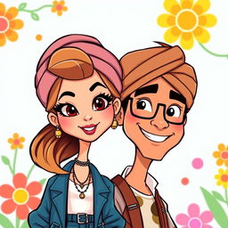 A cartoon-style illustration of a beautiful and sassy young girl paired with a handsome man named Gus, who is wearing a turban