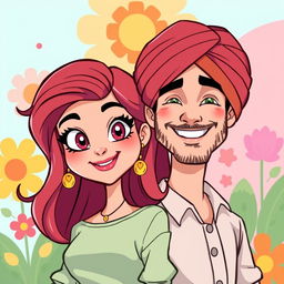A cartoon-style illustration of a beautiful and sassy young girl paired with a handsome man named Gus, who is wearing a turban
