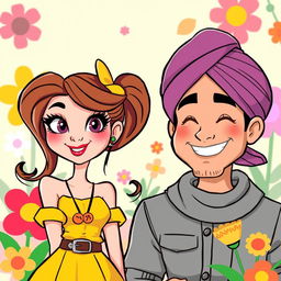 A cartoon-style illustration of a beautiful and sassy young girl paired with a handsome man named Gus, who is wearing a turban