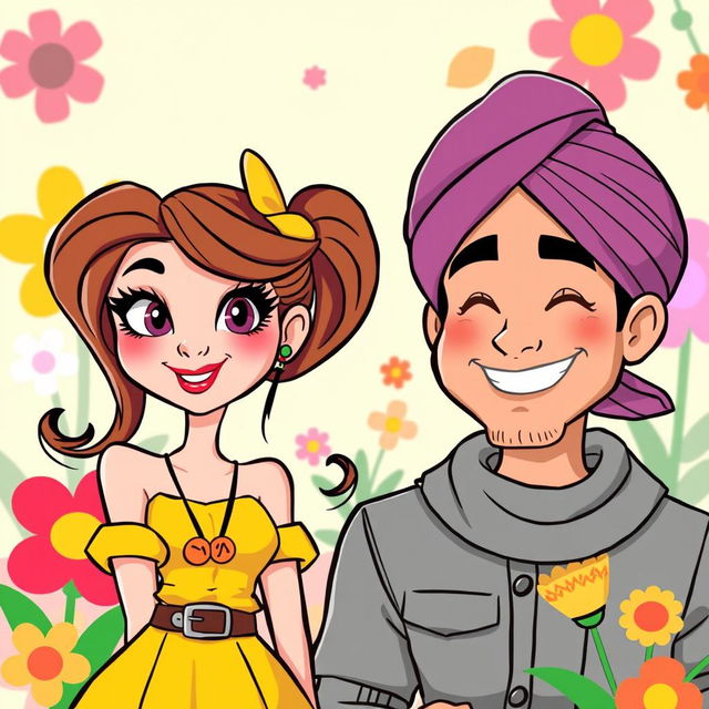 A cartoon-style illustration of a beautiful and sassy young girl paired with a handsome man named Gus, who is wearing a turban