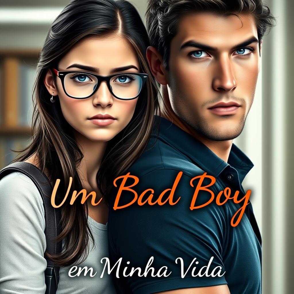 A romantic book cover featuring a beautiful 18-year-old female student with dark hair and glasses, looking shy