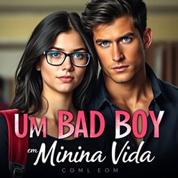 A romantic book cover featuring a beautiful 18-year-old female student with dark hair and glasses, looking shy