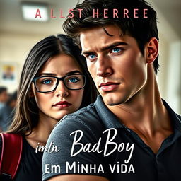 A romantic book cover featuring a beautiful 18-year-old female student with dark hair and glasses, looking shy
