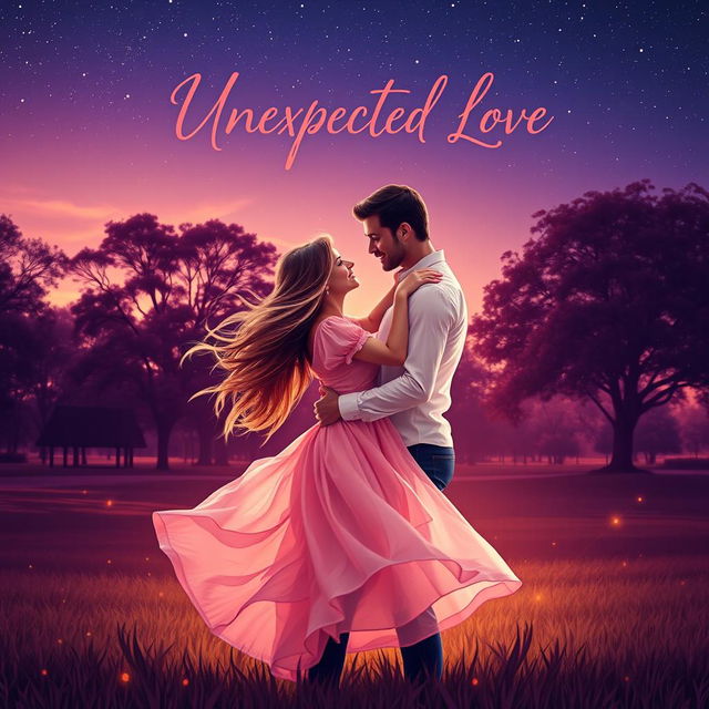 A beautifully designed book cover featuring a couple in a romantic embrace beneath a starlit sky, expressing the theme of unexpected love