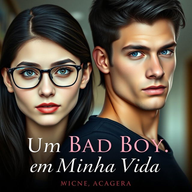 A romantic book cover featuring a stunning 18-year-old female student with dark hair and glasses, depicted as shy and contemplative