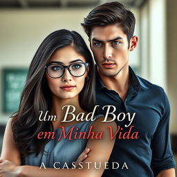 A romantic book cover featuring a stunning 18-year-old female student with dark hair and glasses, depicted as shy and contemplative