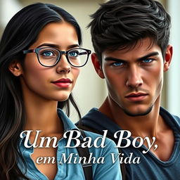 A romantic book cover featuring a stunning 18-year-old female student with dark hair and glasses, depicted as shy and contemplative