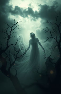 An ethereal scene depicting a ghostly apparition in a dark, moody environment