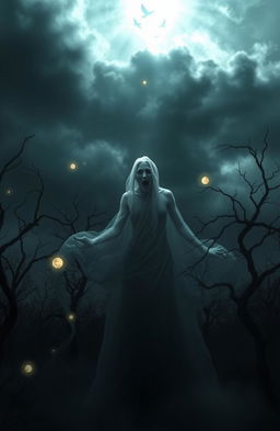 An ethereal scene depicting a ghostly apparition in a dark, moody environment