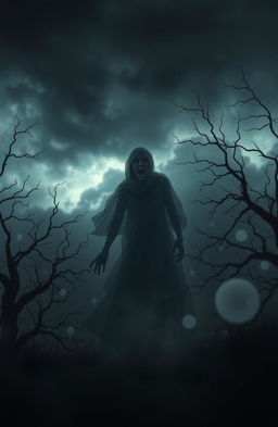 An ethereal scene depicting a ghostly apparition in a dark, moody environment