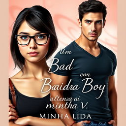 A romantic book cover featuring a beautiful 18-year-old female student with glasses, portraying a shy expression