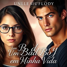 A romantic book cover featuring a beautiful 18-year-old female student with glasses, portraying a shy expression