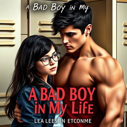 A captivating book cover for a romantic novel titled "A Bad Boy in My Life", featuring an 18-year-old pretty student with glasses, looking shy
