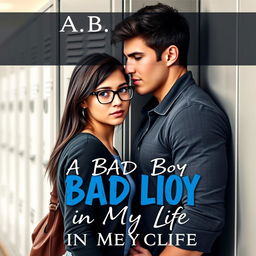 A captivating book cover for a romantic novel titled "A Bad Boy in My Life", featuring an 18-year-old pretty student with glasses, looking shy