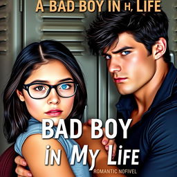 A captivating book cover for a romantic novel titled "A Bad Boy in My Life", featuring an 18-year-old pretty student with glasses, looking shy