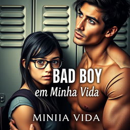 A captivating romance book cover featuring a beautiful 18-year-old female student with shy demeanor, wearing glasses and dark hair