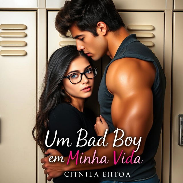 A captivating romance book cover featuring a beautiful 18-year-old female student with shy demeanor, wearing glasses and dark hair