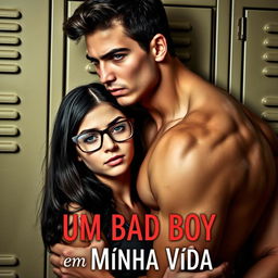 A captivating romance book cover featuring a beautiful 18-year-old female student with shy demeanor, wearing glasses and dark hair