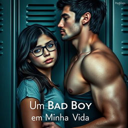 A captivating romance book cover featuring a beautiful 18-year-old female student with shy demeanor, wearing glasses and dark hair