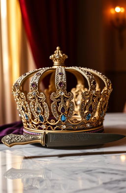 A beautifully detailed crown adorned with intricate jewels, sitting elegantly beside an ornate knife with a delicately designed handle