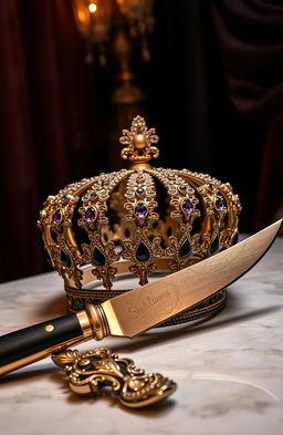 A beautifully detailed crown adorned with intricate jewels, sitting elegantly beside an ornate knife with a delicately designed handle